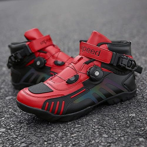 MRDEAR Chaussures de Moto Sneakers avec Bouton de Réglage, Bottes de Moto Respirantes Bottes de Cheville Motard Chaussures Bikers Sport Équipement de Protection, Noir Rouge - Shop-Ritbs