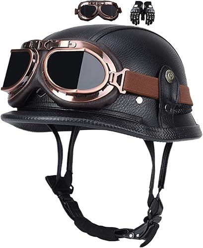 Casque Moto Jet Casque Scooter, Vintage Casque Scooter Rétro De Moto, avec Gants+Lunettes, pour Moto Et Scooter, Rétro Demi Casque Moto Vélo Scooter Chopper pour Adultes Homme Et Femme - Shop-Ritbs