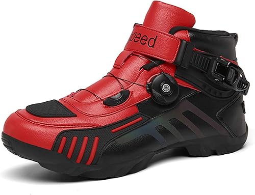 MRDEAR Chaussures de Moto Sneakers avec Bouton de Réglage, Bottes de Moto Respirantes Bottes de Cheville Motard Chaussures Bikers Sport Équipement de Protection, Noir Rouge - Shop-Ritbs